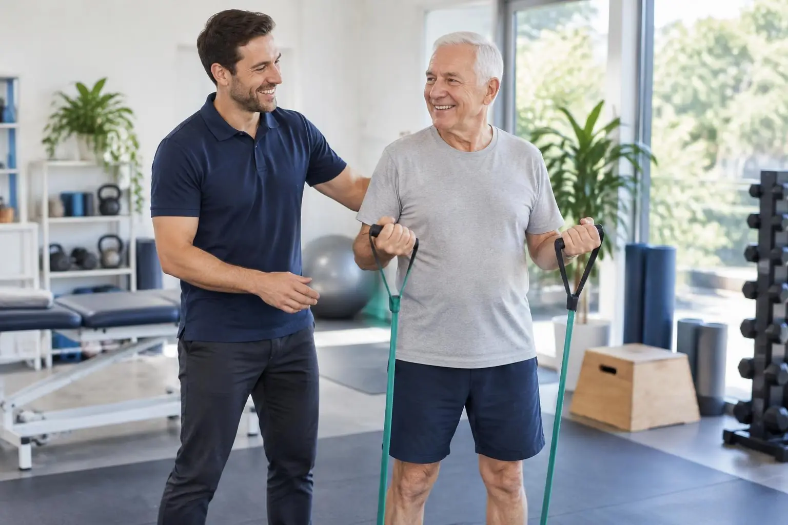 An exercise physiologist supporting an older adult with strength exercises