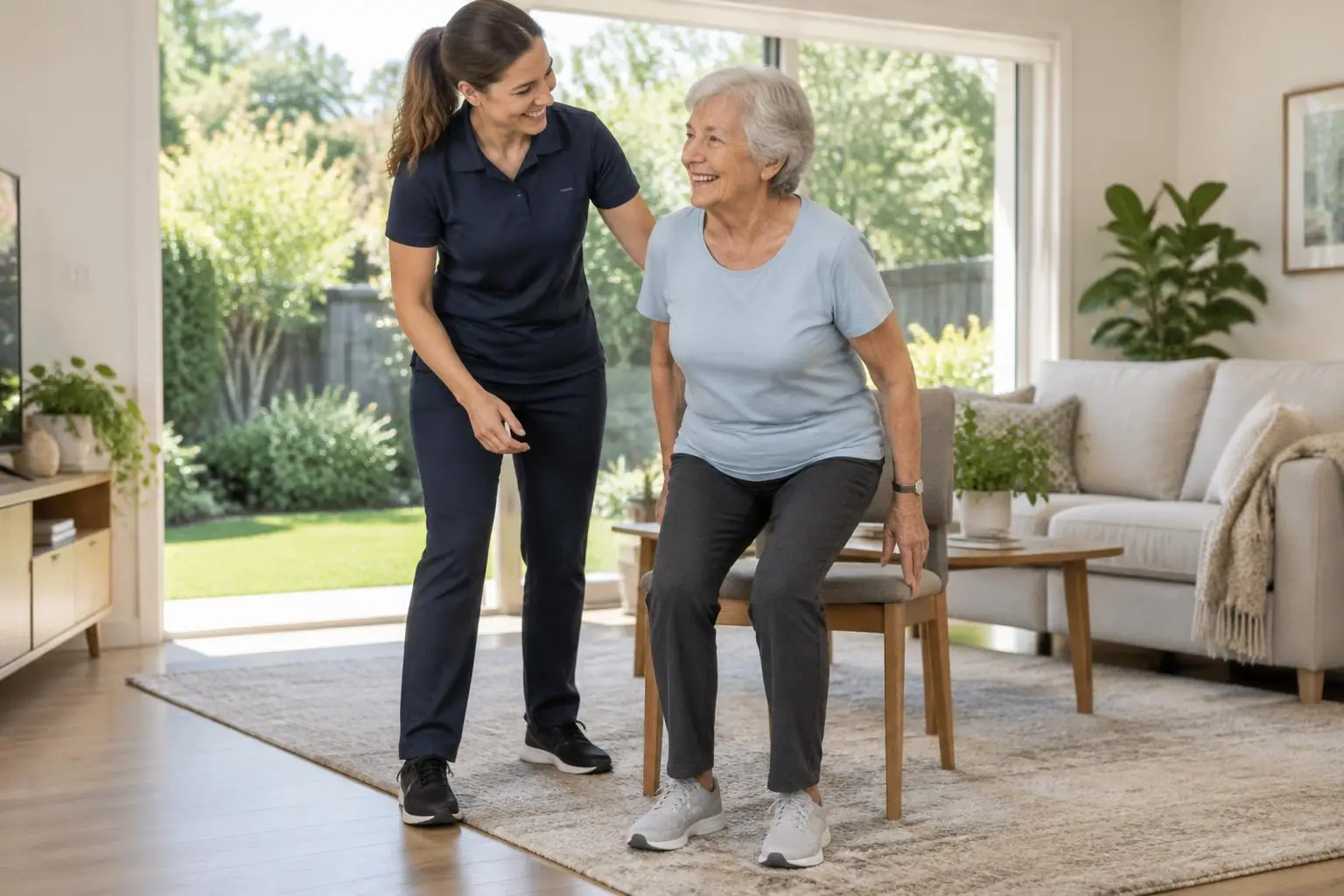 An exercise physiologist guiding an older adult through a chair exercise at home