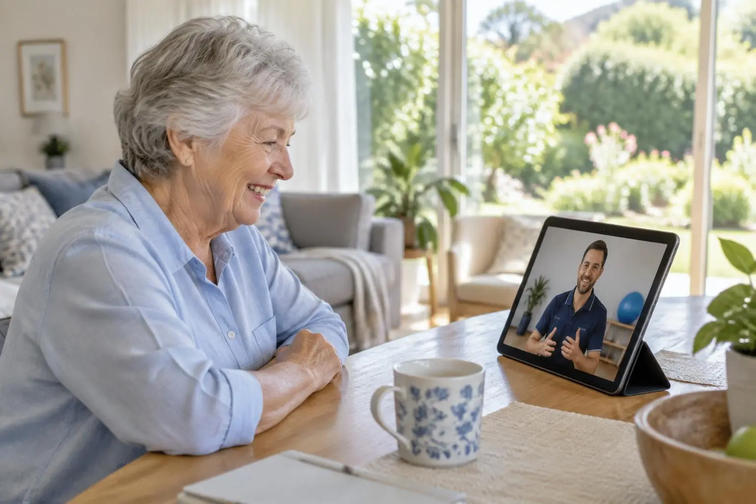 An older adult connecting with an exercise physiologist by video
